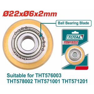 Key Features Tile cutter blade Tile cutter blade With ball bearing Material:tungsten carbide Blade size:Ø22xØ6x2mm Suitable for THT576003 THT578002 THT571001 THT571201 Packed by double blister