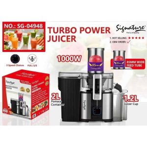 Signature Powerful turbo Juicer 1000W Stainless Steel Juice Extractor with 85mm Wide Feed Tube, 3 Speed, Transparent Juice Jug, Pulp Container, Anti Drip for Home, Office, Restaurant &Cafeteria