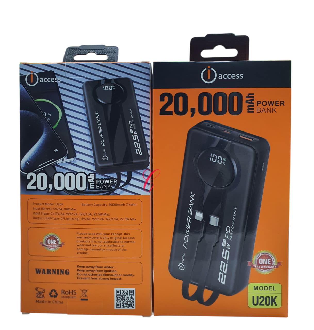 WhatsApp Image 2026-04-30 at 11.12.20 AM iAccess U20K 22.5W 20000mAh power bank with built in Type C & Lightning cables