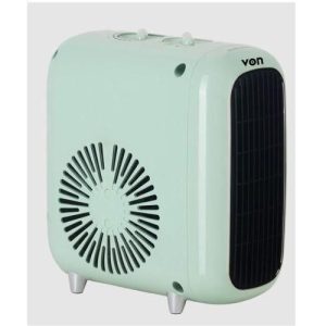 Product details Stay warm and comfortable with the Von VHC153MNAW Ceramic Heater, a stylish and efficient solution for your home or office. Designed with a sleek light sage-green finish, this compact heater combines modern aesthetics with reliable performance. Equipped with a ceramic heating element, it ensures high thermal efficiency while offering two power settings (1100W/1500W) to suit your heating needs. The heater features dual heating modes (single and double) as well as a normal fan mode, making it versatile for both warm and cool air circulation. For safety and convenience, it comes with a thermostat control for precise temperature regulation and automatic overheat protection for peace of mind. Backed by a 12-month warranty, this heater delivers comfort and durability you can trust.