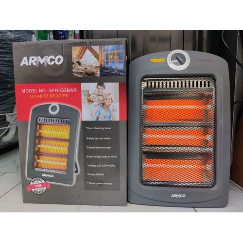 1 - 2026-06-02T110243.275 Key Features Color: Grey with Black Grill – Neutral design suitable for any interior. Main Material: ABS Plastic and Metal Components – Durable and heat-resistant construction. Brand: Armco – Trusted for quality home appliances. Quartz Heating Tubes – Provide fast and efficient warmth. 3 Power Settings – Adjustable heating levels up to 1000W. Safety Tip-Over Switch – Automatically shuts off when knocked over. Portable and Lightweight – Easy to move between rooms. Smart Foldable Design – Convenient storage when not in use. Instant Heating – Delivers warmth immediately. Energy-Efficient Performance – Reliable heating with controlled power use.