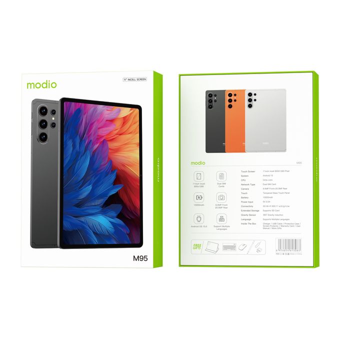 Modio M95, 11" Inch Screen Display, Andriod 15, Octa-Core, Supports SD, Tempered Glass Touch Panel, Dual Sim, 8MP Front + 2MP Rear, 12GB + 512 GB (Virtual Memory), With Keyboard, Mouse & Stylus Pen - Black